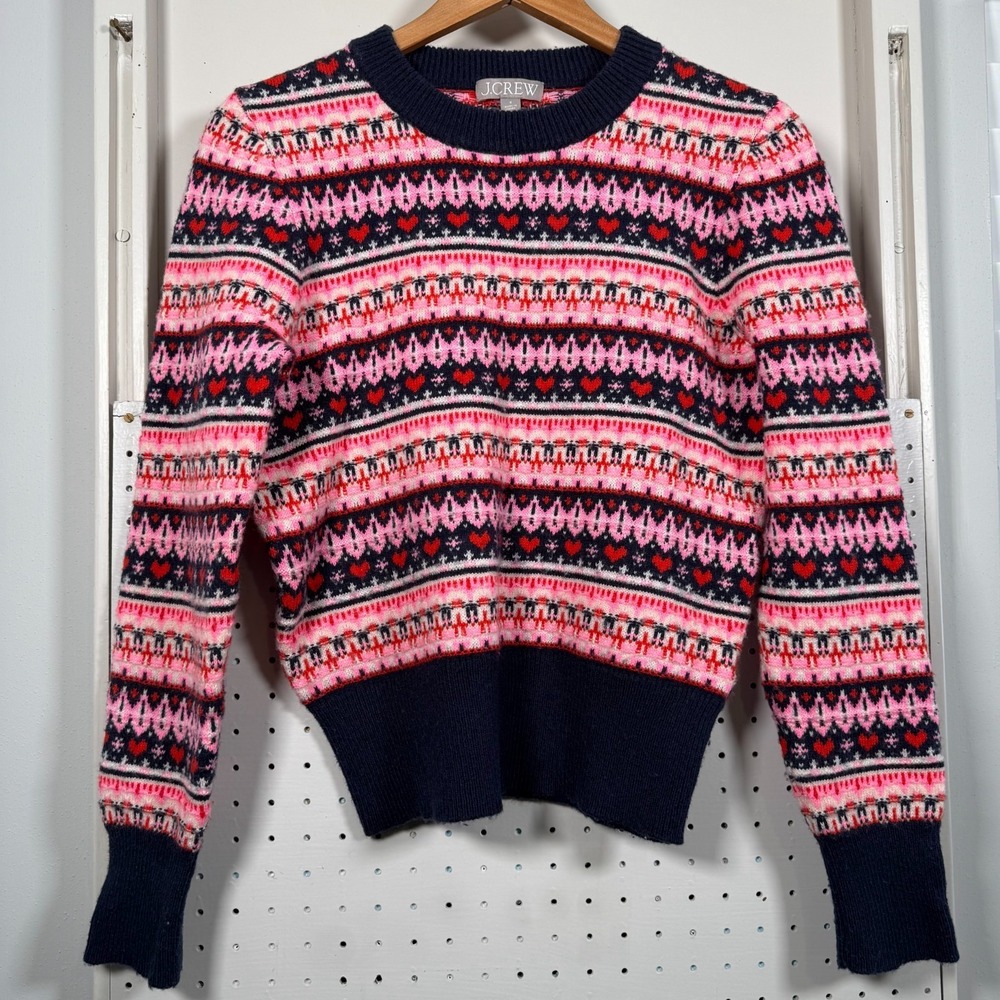 J.Crew Shrunken Fair Isle Crewneck Sweater Womens Pink Navy‎ Valentine - Small